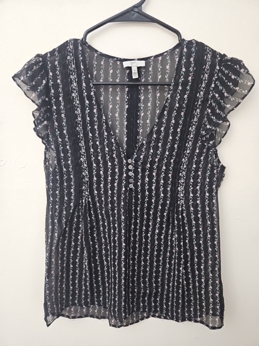 Joie Black Floral-Stripe V-Neck Ruffle Sleeve Blouse